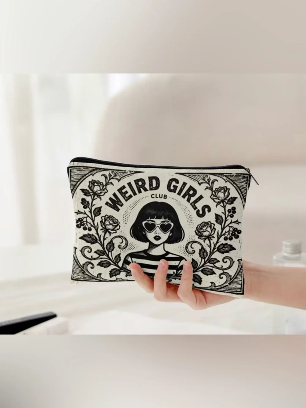 Weird Girls Club Makeup Bag Black White Retro Lined Zipper Pouch